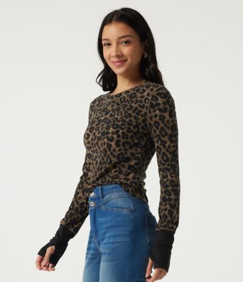 Round Neck Leopard Print Long Sleeve Casual T-Shirt with Thumbholes Round Neck Leopard Print Long Sleeve Casual T-Shirt with Thumbholes