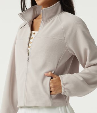 Stand Collar Raglan Long Sleeve Waffle Casual Windbreaker Jacket with Pockets