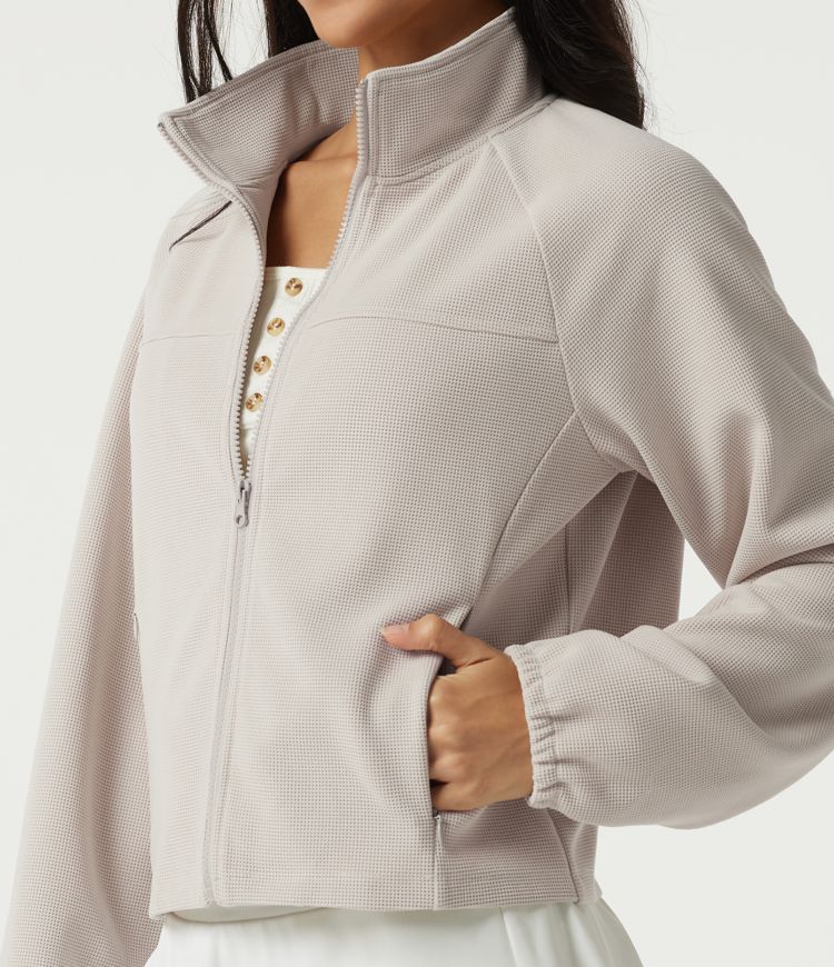 Stand Collar Raglan Long Sleeve Waffle Casual Windbreaker Jacket with Pockets