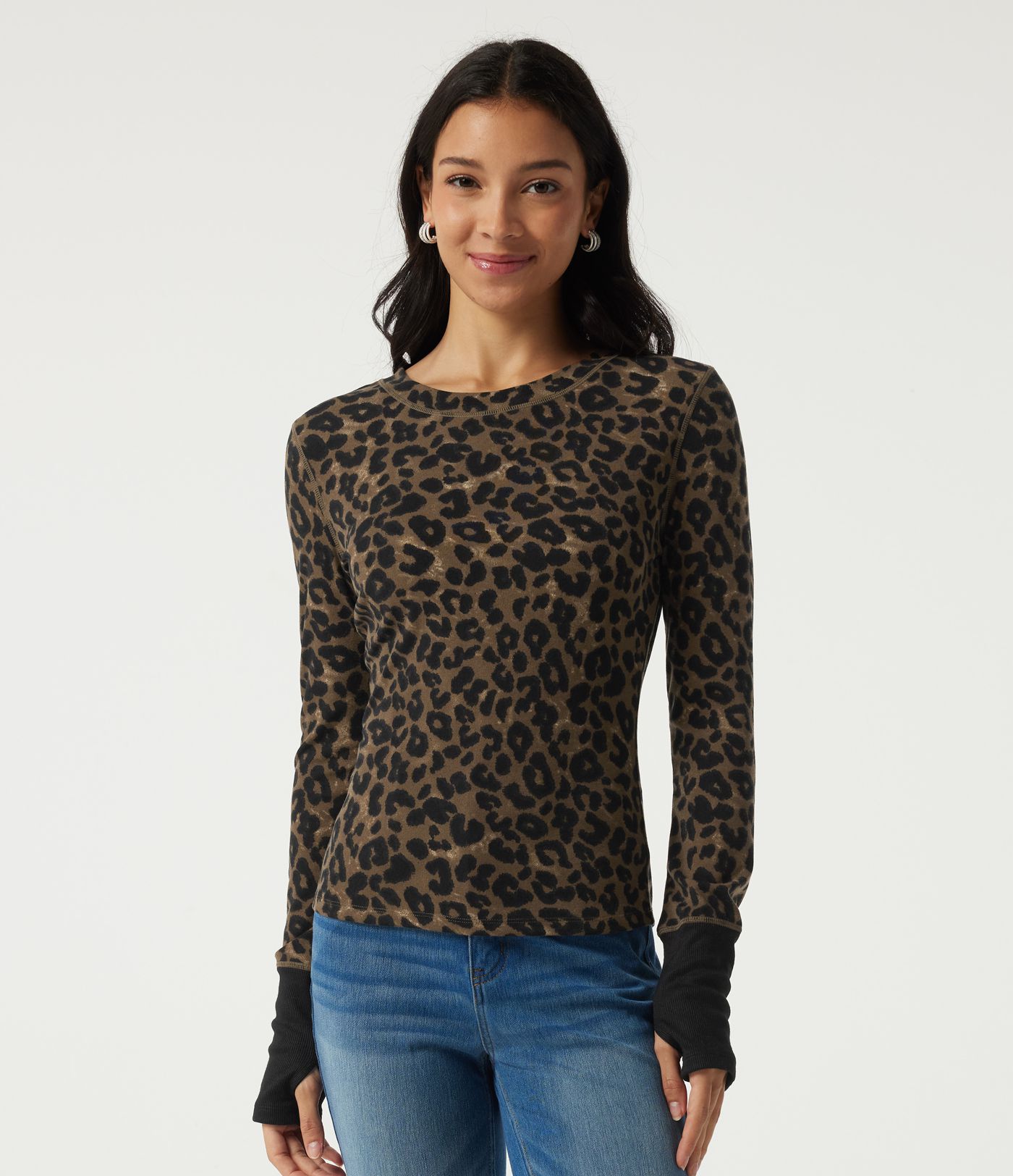Round Neck Leopard Print Long Sleeve Casual T-Shirt with Thumbholes Round Neck Leopard Print Long Sleeve Casual T-Shirt with Thumbholes