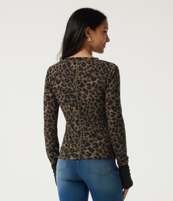 Round Neck Leopard Print Long Sleeve Casual T-Shirt with Thumbholes Round Neck Leopard Print Long Sleeve Casual T-Shirt with Thumbholes