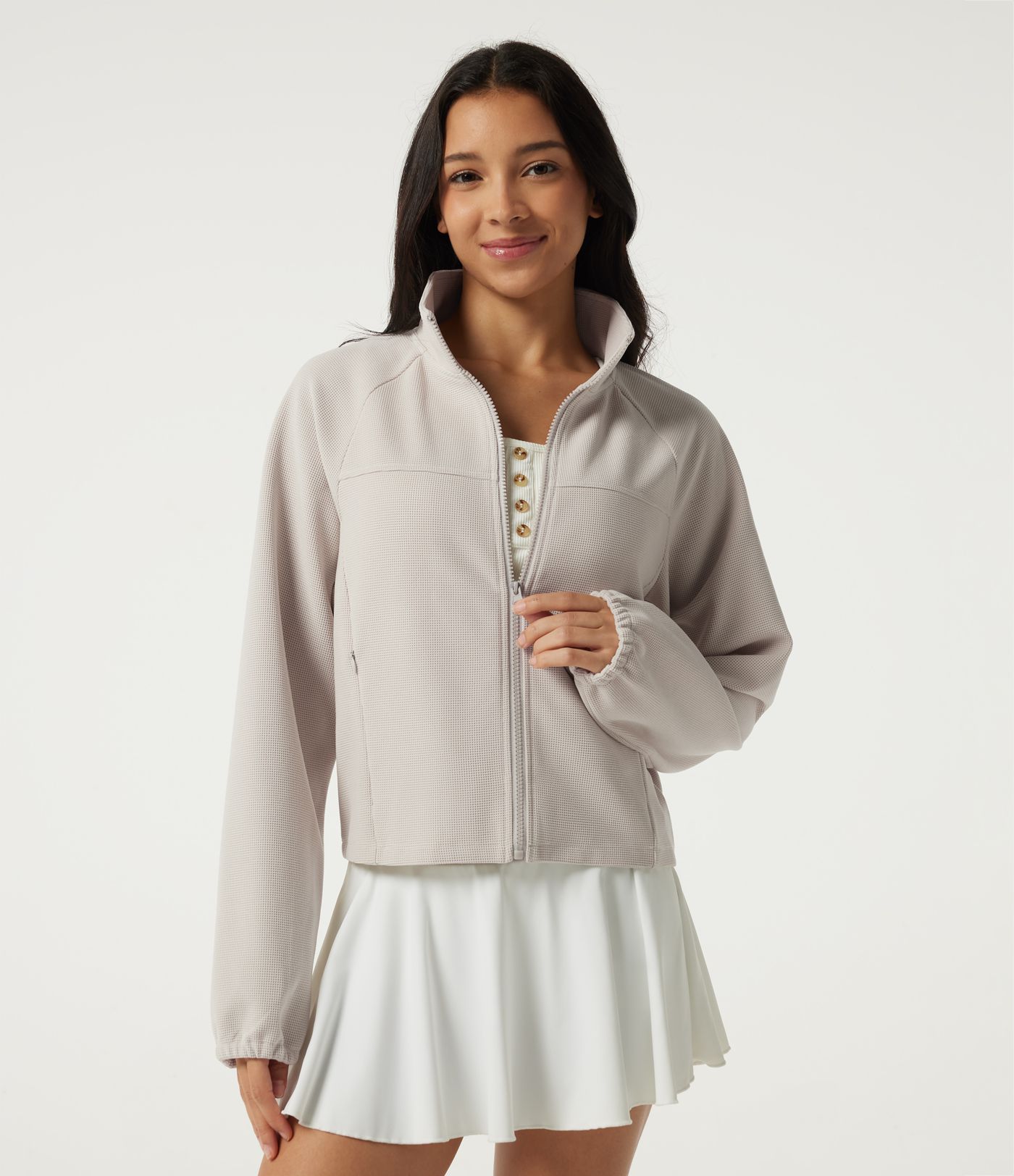 Stand Collar Raglan Long Sleeve Waffle Casual Windbreaker Jacket with Pockets