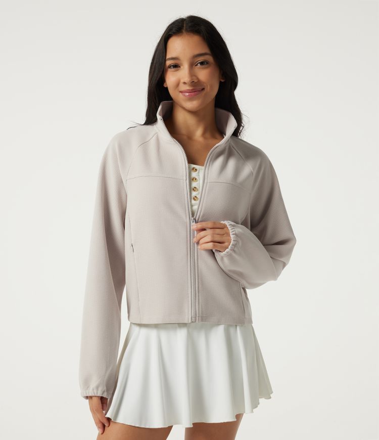 Stand Collar Raglan Long Sleeve Waffle Casual Windbreaker Jacket with Pockets