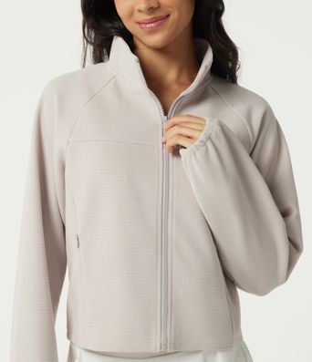 Stand Collar Raglan Long Sleeve Waffle Casual Windbreaker Jacket with Pockets