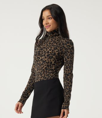 Stacked Mock Neck Long Sleeve Leopard Print Casual T-Shirt