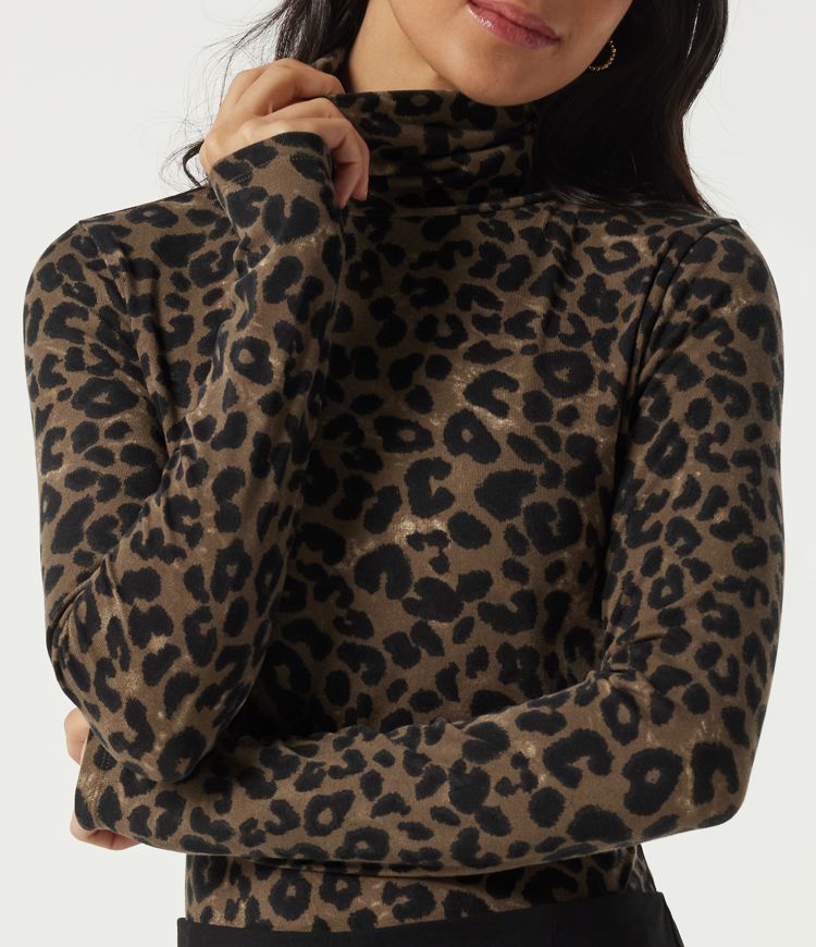 Stacked Mock Neck Long Sleeve Leopard Print Casual T-Shirt