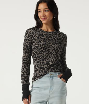 Round Neck Leopard Print Long Sleeve Casual T-Shirt with Thumbholes Round Neck Leopard Print Long Sleeve Casual T-Shirt with Thumbholes