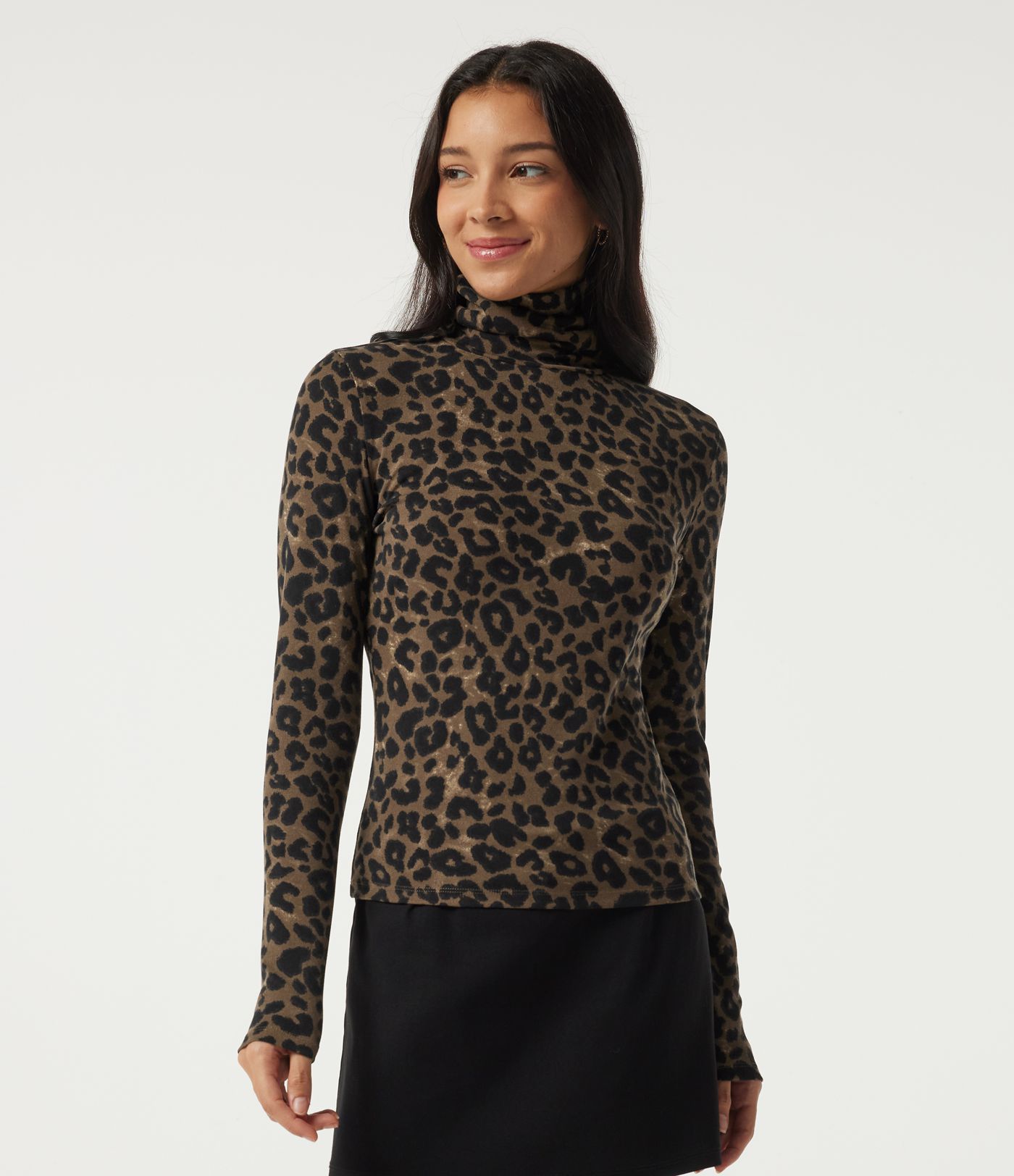 Stacked Mock Neck Long Sleeve Leopard Print Casual T-Shirt