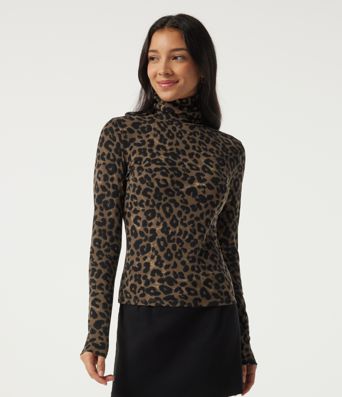 Stacked Mock Neck Long Sleeve Leopard Print Casual T-Shirt