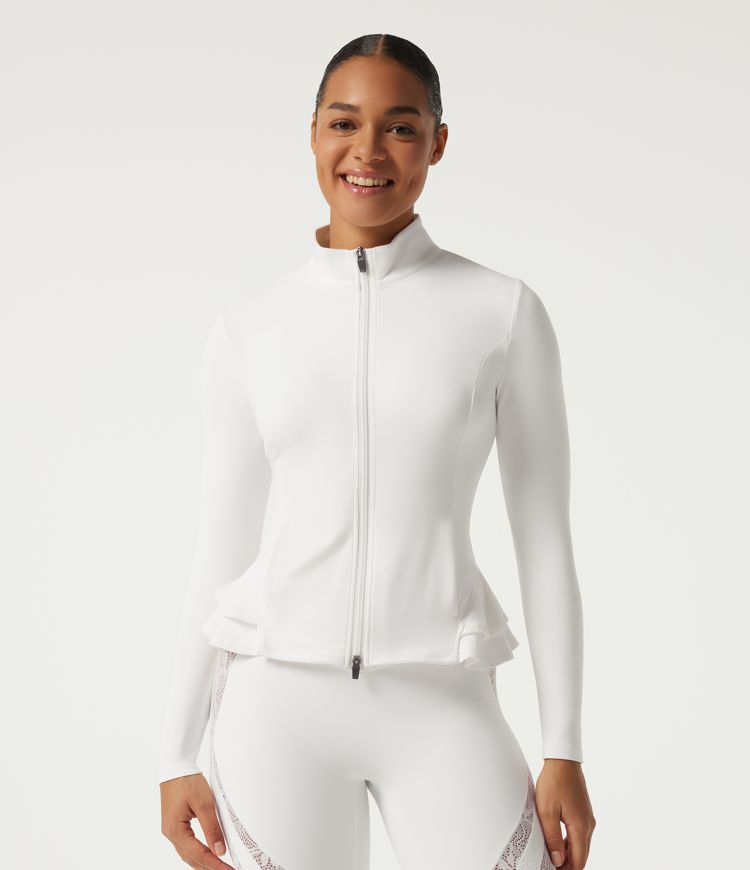 SoftlyZero™ High Neck Contrast Lace Ruffle Hem Yoga Jacket with Pockets