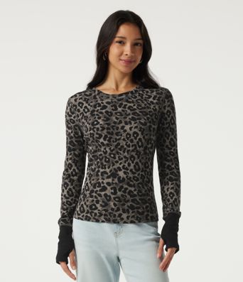 Round Neck Leopard Print Long Sleeve Casual T-Shirt with Thumbholes Round Neck Leopard Print Long Sleeve Casual T-Shirt with Thumbholes