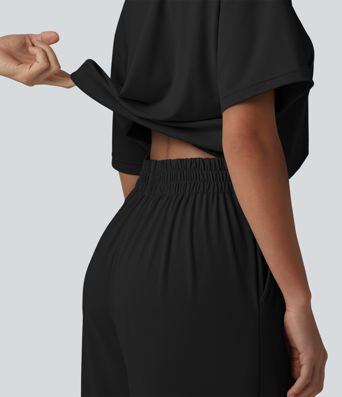 Kayık yakalı, kısa kollu, bağcıklı bol kesim cepli rahat tulum - Easy Peezy Edisyonu