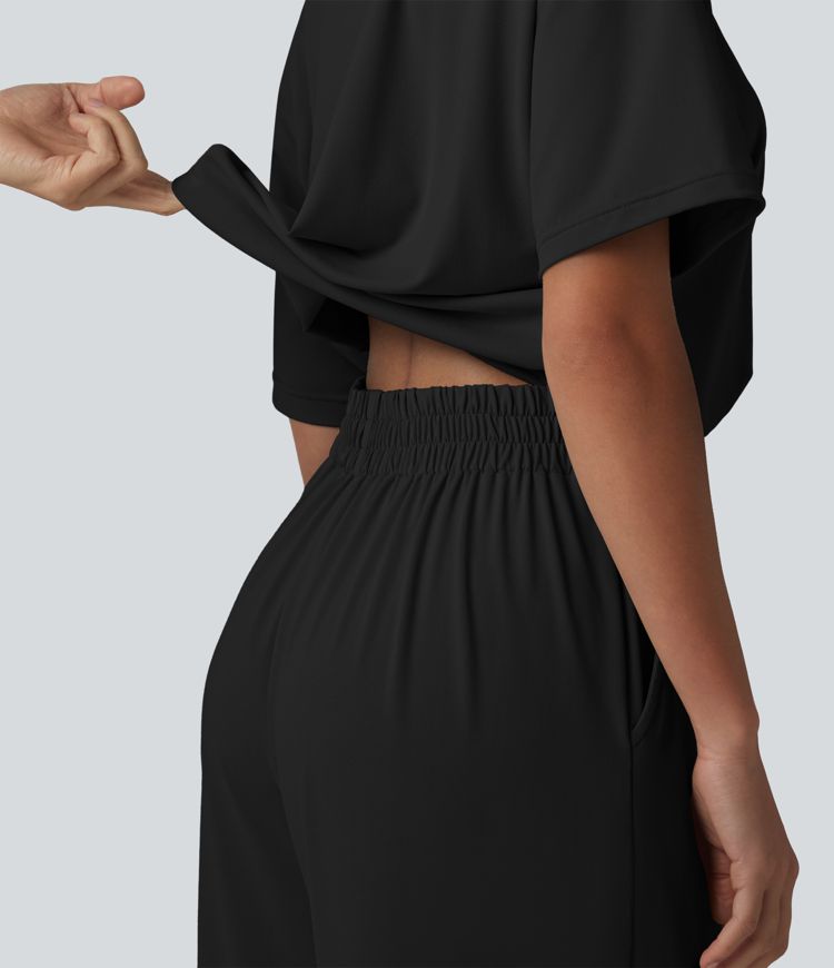 Kayık yakalı, kısa kollu, bağcıklı bol kesim cepli rahat tulum - Easy Peezy Edisyonu