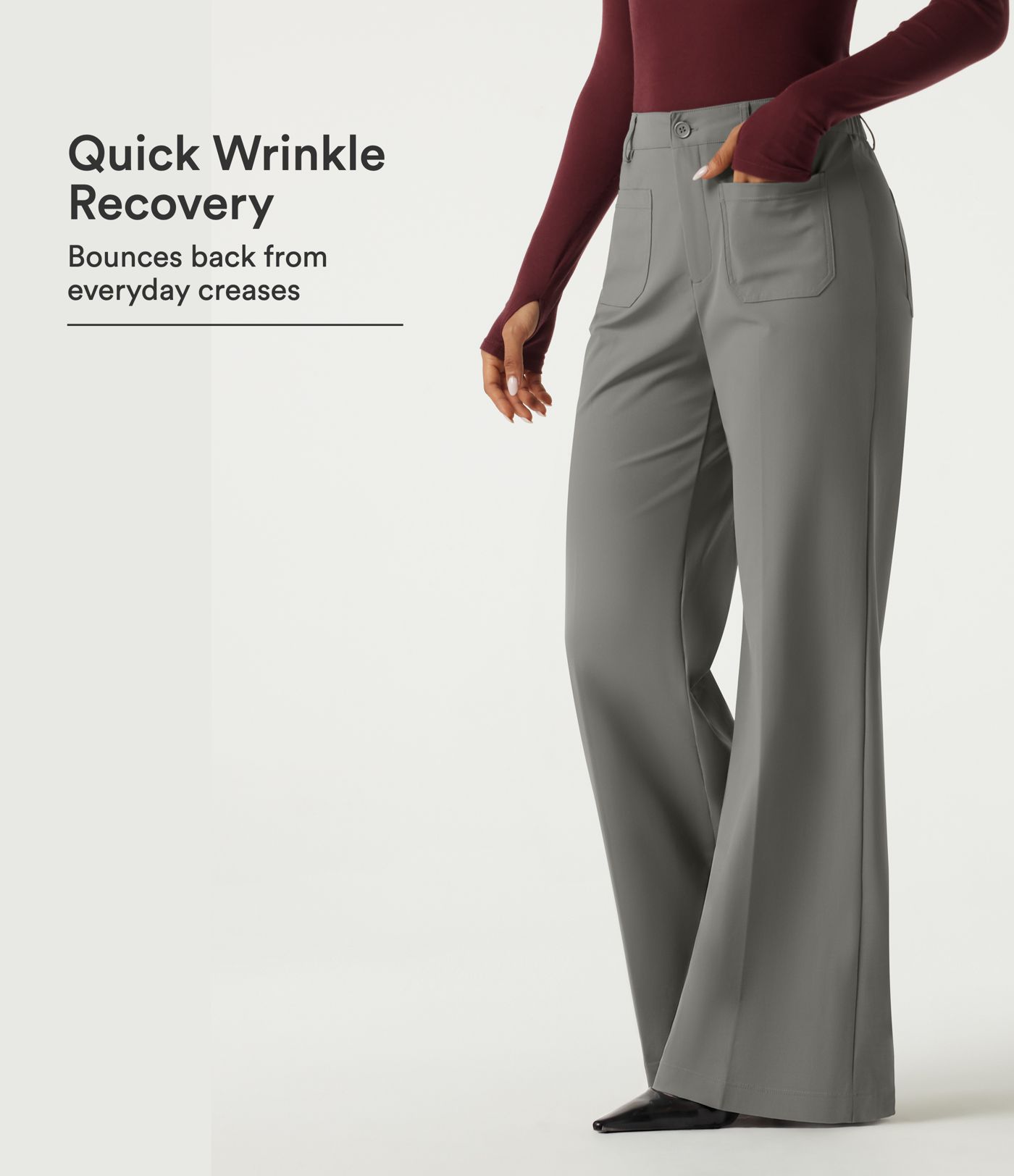 Wrinkle Recovery High Waisted Wide Leg Work Pants with Pockets