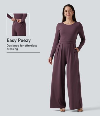 Jumpsuit með kringlóttum hálsmáli, löngum ermum, víðum fótleggjum og vösum – Easy Peezy útgáfa