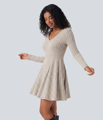 Ribbed Knit V Neck Long Sleeve Flare Mini Casual Dress with Pockets