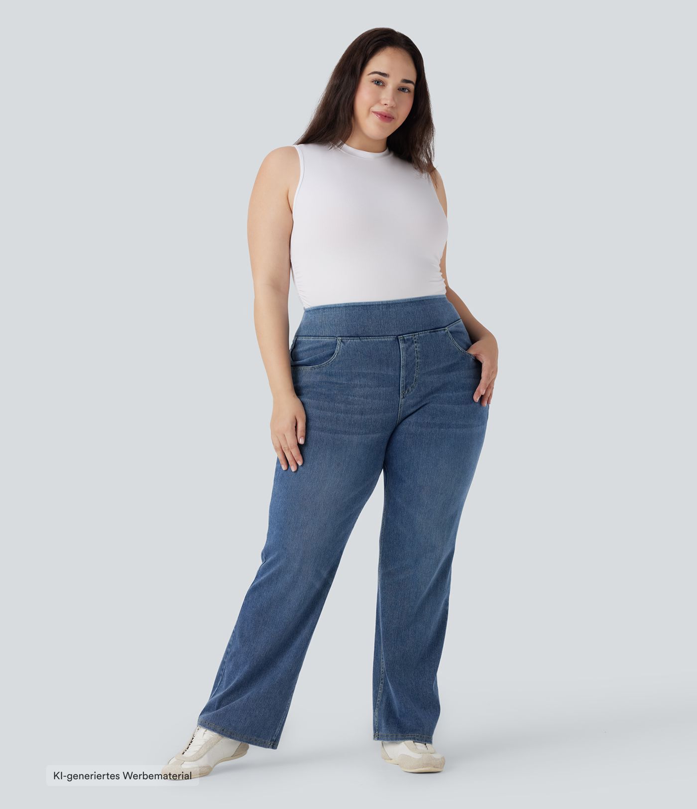 Plus Size Halara Flex™ Hoch taillierte Jeans mit mehreren Taschen, gewaschener, dehnbarer Strick, lässiger Bootcut, Übergröße