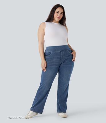Plus Size Halara Flex™ Hoch taillierte Jeans mit mehreren Taschen, gewaschener, dehnbarer Strick, lässiger Bootcut, Übergröße