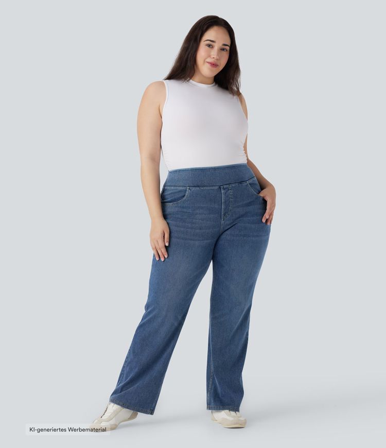 Plus Size Halara Flex™ Hoch taillierte Jeans mit mehreren Taschen, gewaschener, dehnbarer Strick, lässiger Bootcut, Übergröße