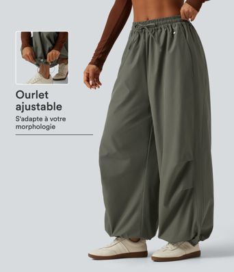 Pantalon cargo de randonnée baggy à taille mi-haute avec cordons ajustables et poches Pantalon cargo de randonnée baggy à taille mi-haute avec cordons ajustables et poches