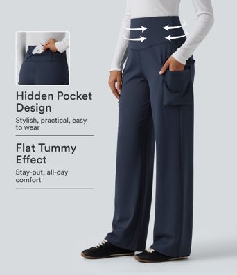 High Waisted Tummy Control Straight Leg Casual Cargo Pants with Pockets