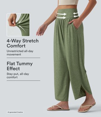 Pantalon décontracté taille haute gainant avec ourlet arrondi et poches