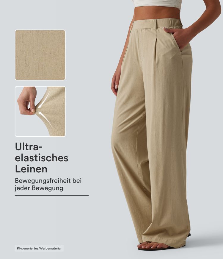 Lässige Hose aus elastischem Leinen mit hohem Bund, Seitentaschen und geradem Bein