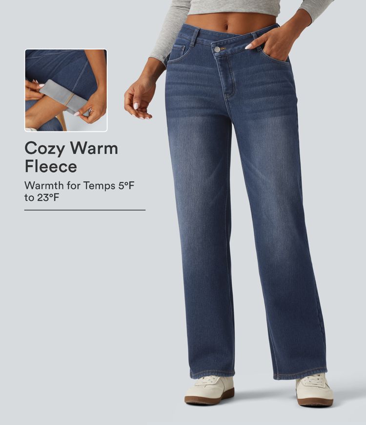 Mid Rise Asymmetric Straight Leg Fleece Casual Jeans with Pockets Mid Rise Asymmetric Straight Leg Fleece Casual Jeans with Pockets