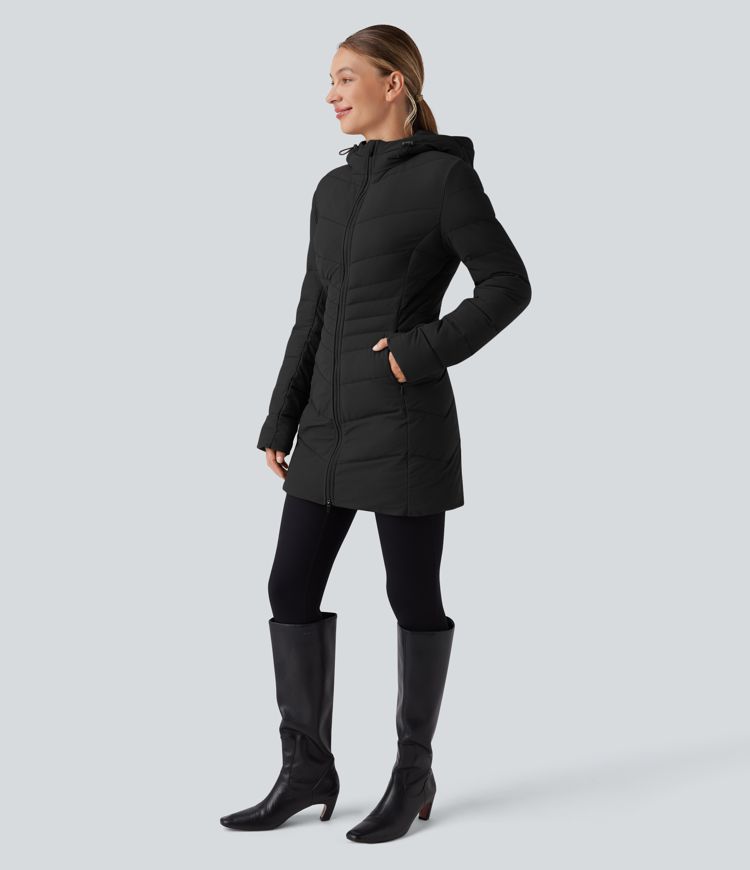 PuffFlex Hooded Longline Stretchy Casual Padded Jacket with Pockets