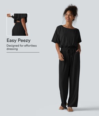 Kayık yakalı, kısa kollu, bağcıklı bol kesim cepli rahat tulum - Easy Peezy Edisyonu