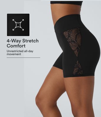 SoftlyZero™ High Waisted Crossover Contrast Lace Pocket Yoga Biker Shorts 5'' SoftlyZero™ High Waisted Crossover Contrast Lace Pocket Yoga Biker Shorts 5''