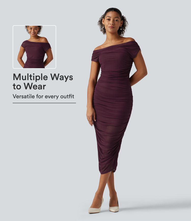 SoftlyZero™ Off Shoulder Ruched Mesh Bodycon Party Midi Dress SoftlyZero™ Off Shoulder Ruched Mesh Bodycon Party Midi Dress