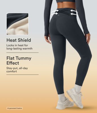 Halara Ultrasculpt™ Extra Heat High Waisted Tummy Control Crossover Back Fleece Running Leggings with Pockets