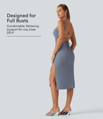 Ruched Lace Up Bodycon Midi Party Dress DD-F Cups