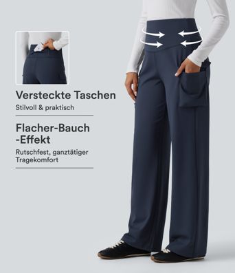 Lässige Cargohose mit hohem Bund, Seitentaschen, Bauchkontrolle und geradem Bein