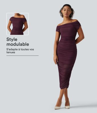 Robe midi de soirée SoftlyZero™ moulante à épaules dénudées, fronces et mesh