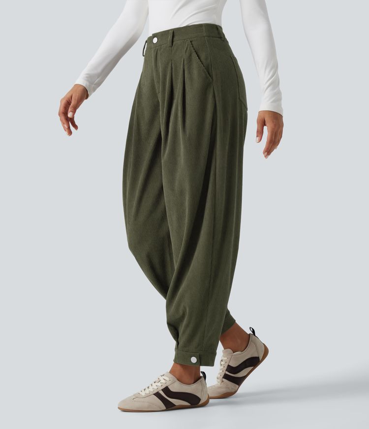 Mid Rise Corduroy Casual Balloon Joggers with Pockets