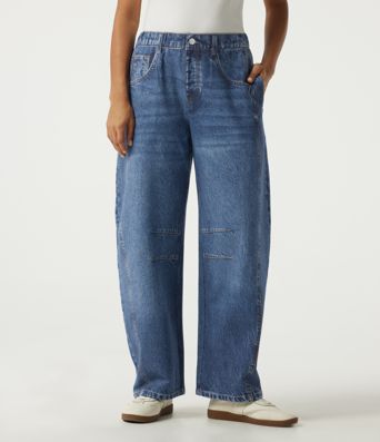 Mid Rise Barrel Leg Casual Cotton Jeans with Pockets Mid Rise Barrel Leg Casual Cotton Jeans with Pockets
