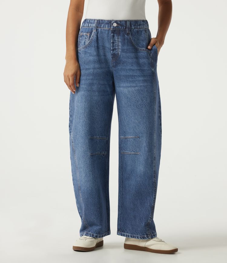 Mid Rise Barrel Leg Casual Cotton Jeans with Pockets Mid Rise Barrel Leg Casual Cotton Jeans with Pockets