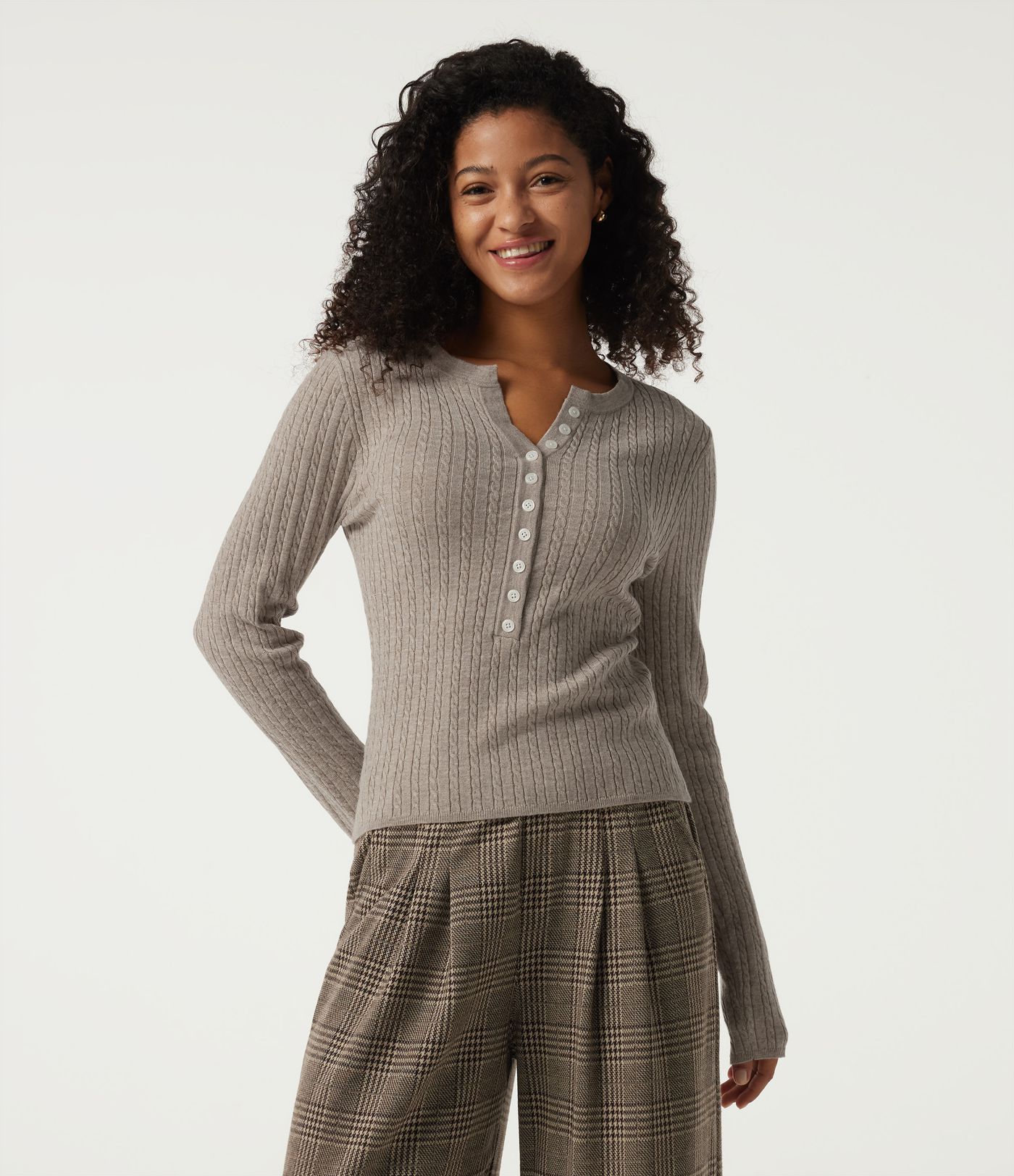Henley Neck Cable Stitch Long Sleeve Work Sweater Henley Neck Cable Stitch Long Sleeve Work Sweater
