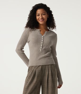 Henley Neck Cable Stitch Long Sleeve Work Sweater Henley Neck Cable Stitch Long Sleeve Work Sweater