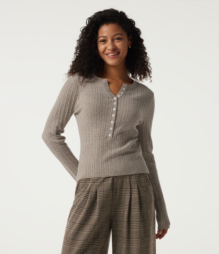 Henley Neck Cable Stitch Long Sleeve Work Sweater Henley Neck Cable Stitch Long Sleeve Work Sweater