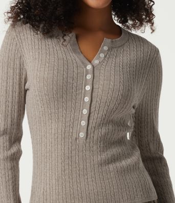 Henley Neck Cable Stitch Long Sleeve Work Sweater Henley Neck Cable Stitch Long Sleeve Work Sweater