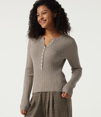 Henley Neck Cable Stitch Long Sleeve Work Sweater Henley Neck Cable Stitch Long Sleeve Work Sweater