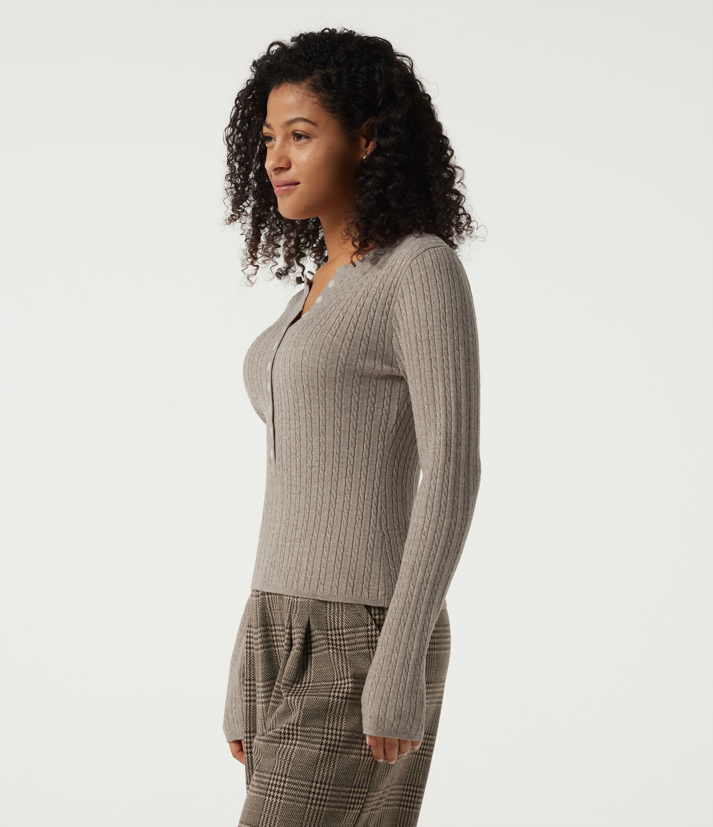 Henley Neck Cable Stitch Long Sleeve Work Sweater Henley Neck Cable Stitch Long Sleeve Work Sweater