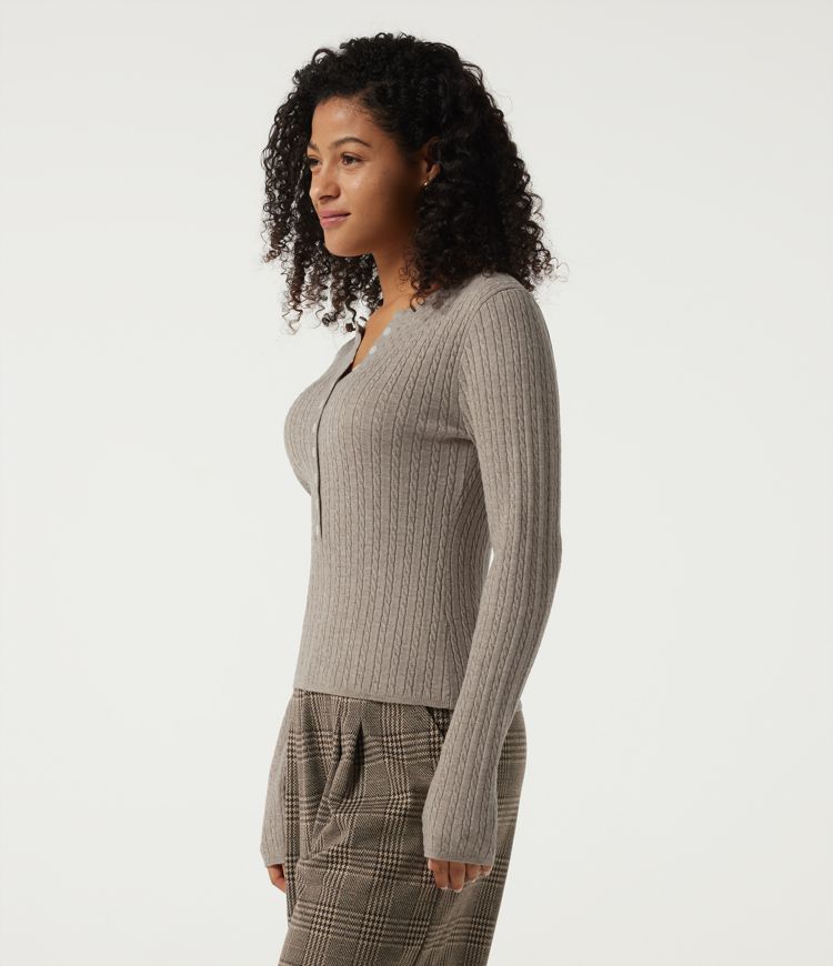 Henley Neck Cable Stitch Long Sleeve Work Sweater Henley Neck Cable Stitch Long Sleeve Work Sweater