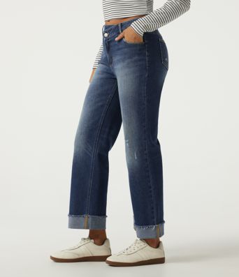 Mid Rise Straight Leg Asymmetric Casual Jeans with Pockets Mid Rise Straight Leg Asymmetric Casual Jeans with Pockets