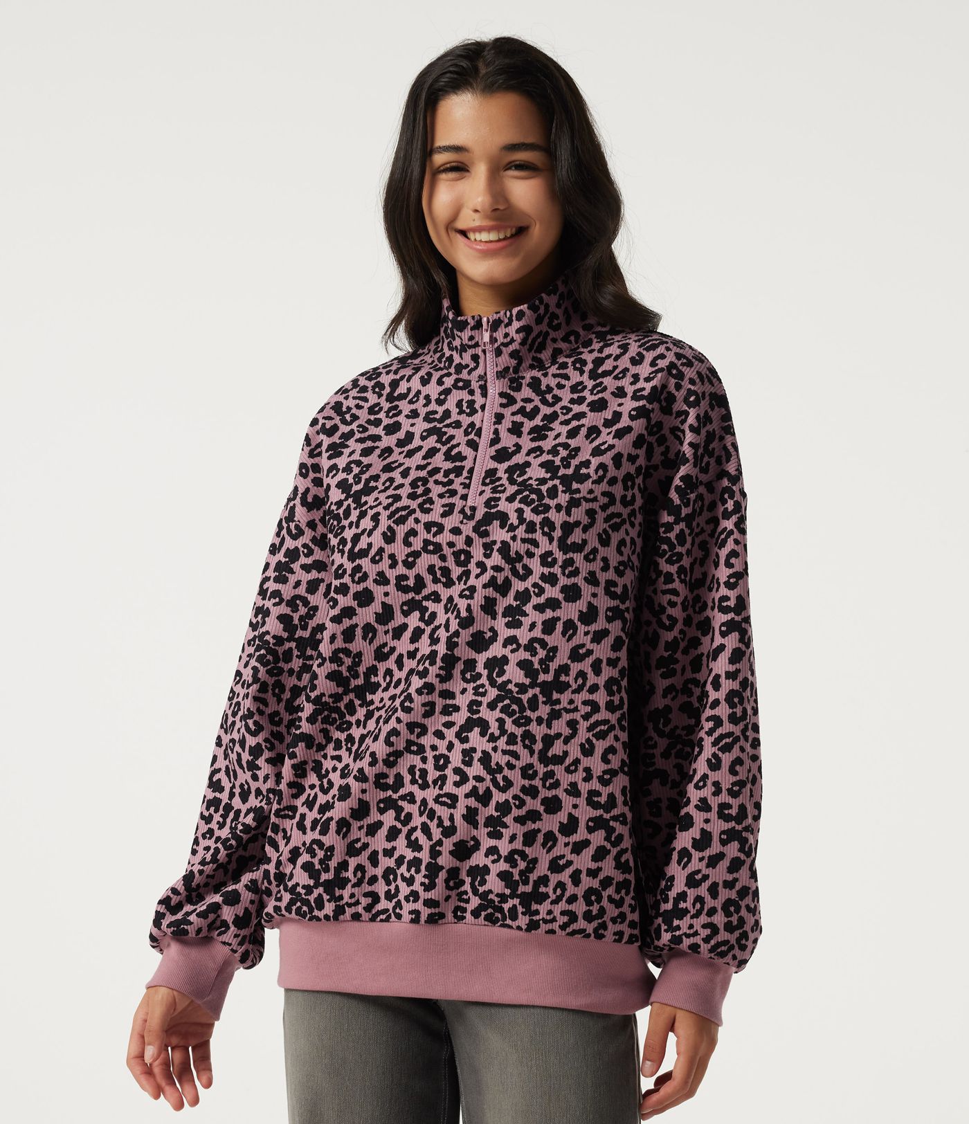 Stand Collar Long Sleeve Leopard Print Casual Top