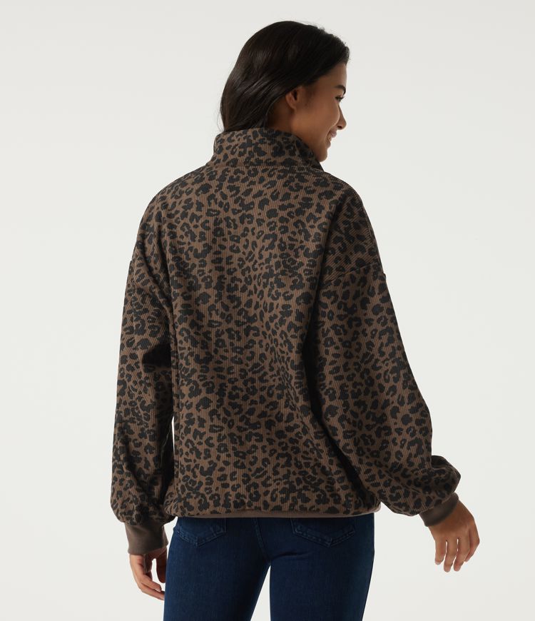 Brown and Black Leopard Stand Collar Long Sleeve Leopard Print Casual Top / 2