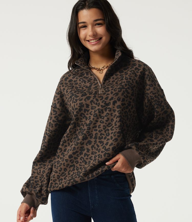 Stand Collar Long Sleeve Leopard Print Casual Top
